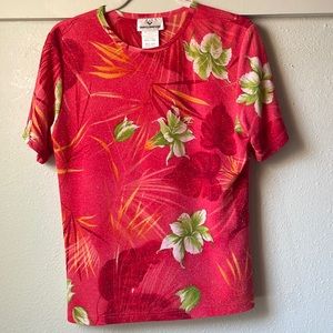 Vintage Erin London short sleeve floral sheer top with silver stitching detail